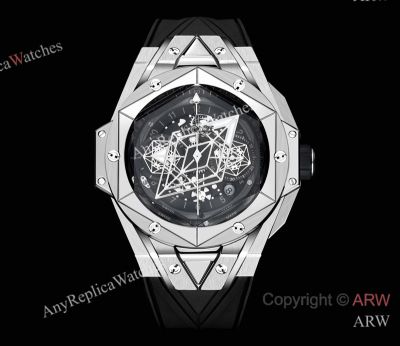 High Quality Replica HUBLOT BIG BANG SANG BLEU II Black Fluororubber Strap Black Skeletonized Geometric Face Dial Titanium With Diamond-Set Case Watch 45mm